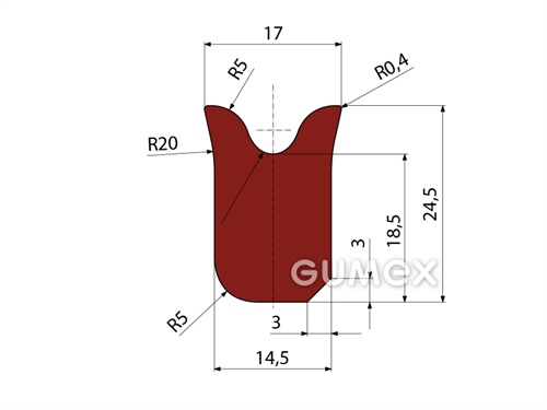 Silikónový profil tvaru "V", 24,5x17/14,5mm, 65°ShA, -60°C/+275°C, červenohnedý